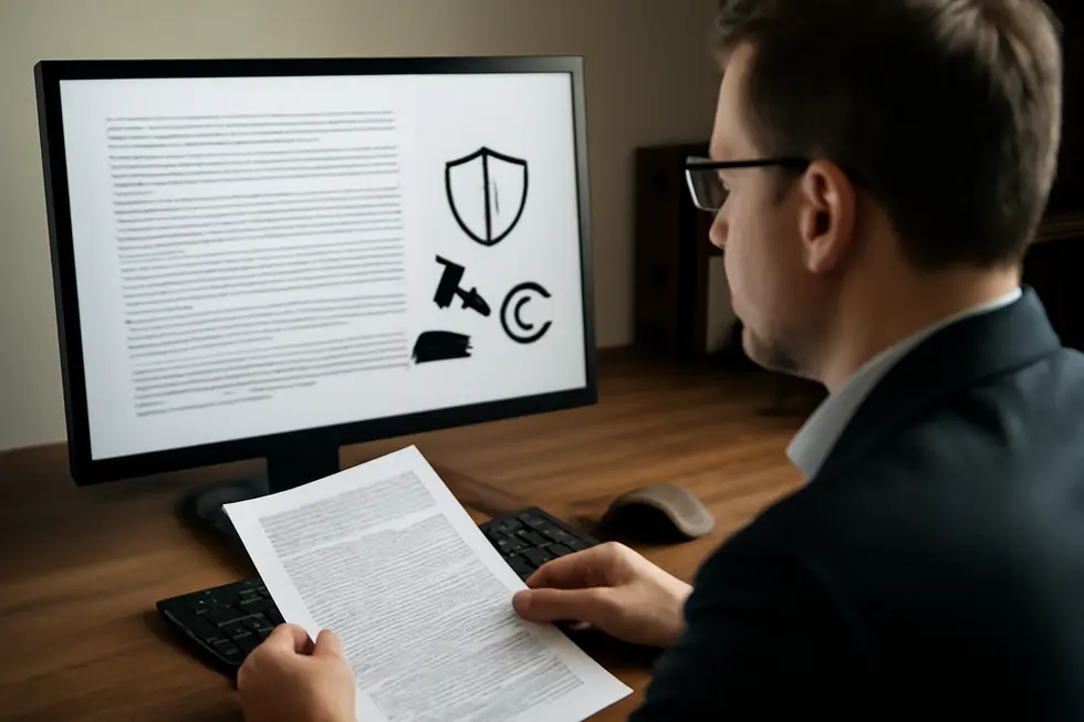 Business owner reviewing copyright protections emphasizing legal control in an all rights reserved website.