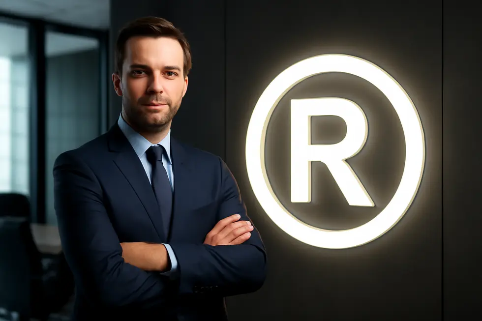 Business owner in a professional setting with a bright, unique trademark logo representing legal exclusivity and brand distinctiveness.