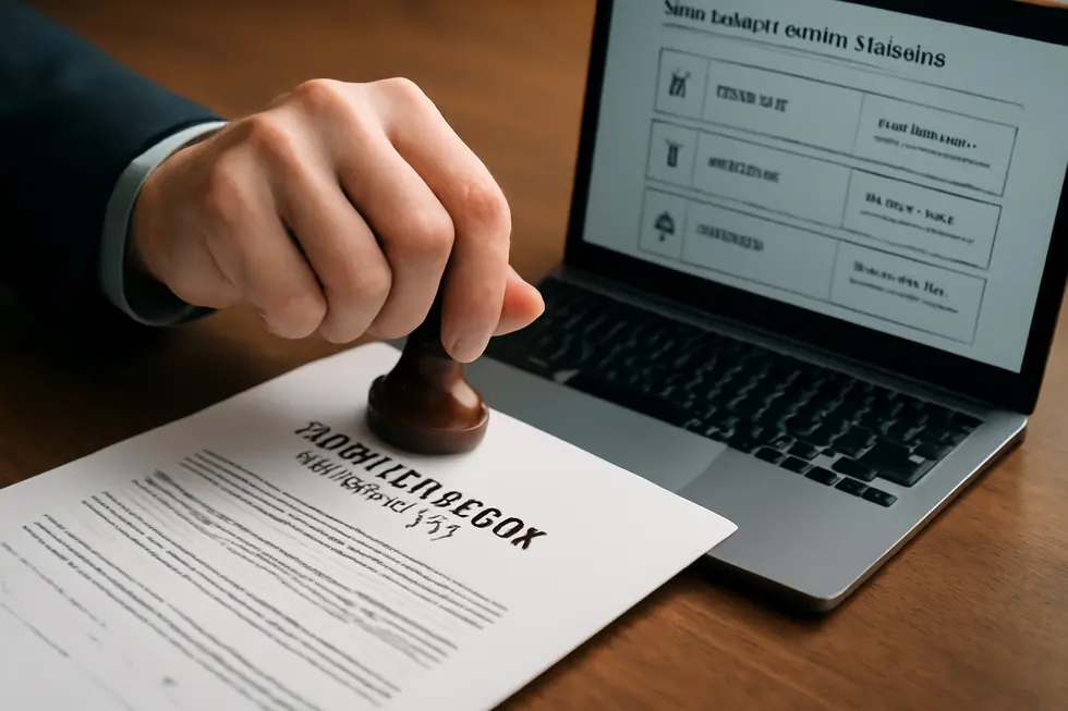 A business owner reviewing legal documents related to business names and trademarks.