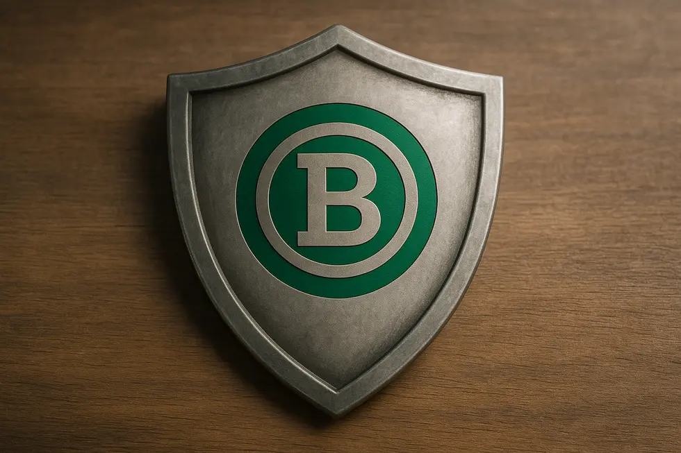 Logo with a shield symbolizing trademark protection.