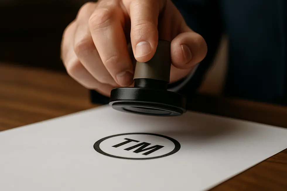 A hand stamping a trademark symbol, representing trademark authority.