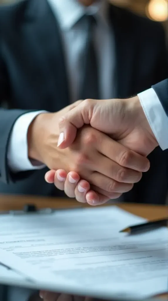 A handshake in an office setting with folders labeled ‘trademark’ visible, conveying collaboration.