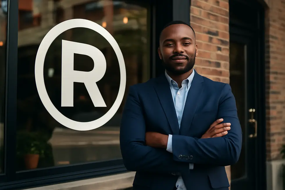Confident business owner standing outside their shop with a prominent trademarked logo visible.