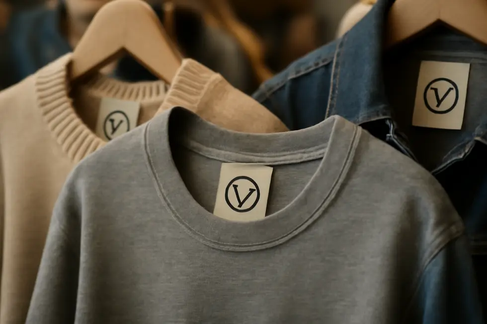 Close-up of a clothing brand’s trademark logo displayed on apparel tags, symbolizing brand identity protection.