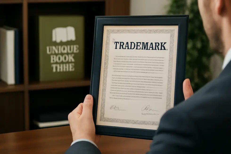 A businessperson examines copyright documents highlighting that titles are not protected under copyright law.