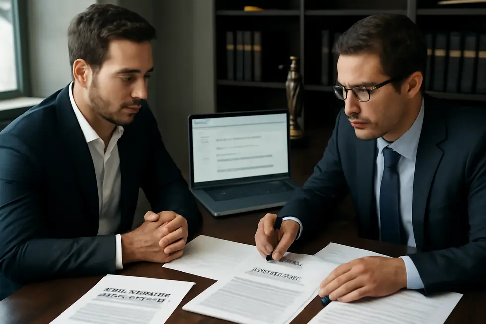 A business owner working with a lawyer navigating the trademark registration process.