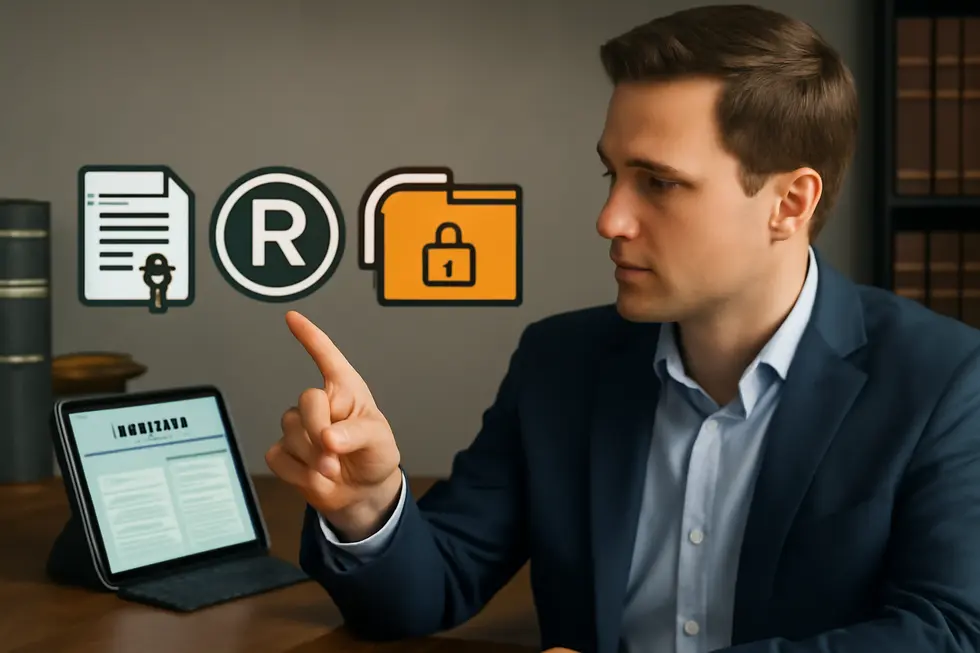 Visualizing the different types of company intellectual property protections: patents, trademarks, copyrights, and trade secrets.