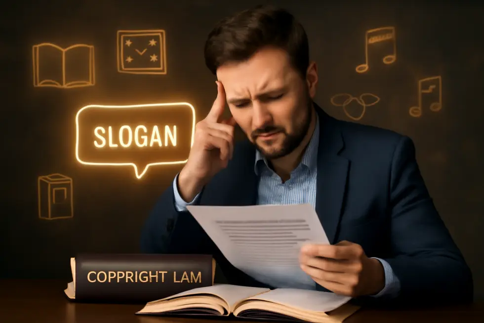 Illustration depicting the legal and creative limitations of copyright protection for slogans.