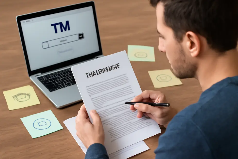 Business owner analyzing trademark registration options related to business names.