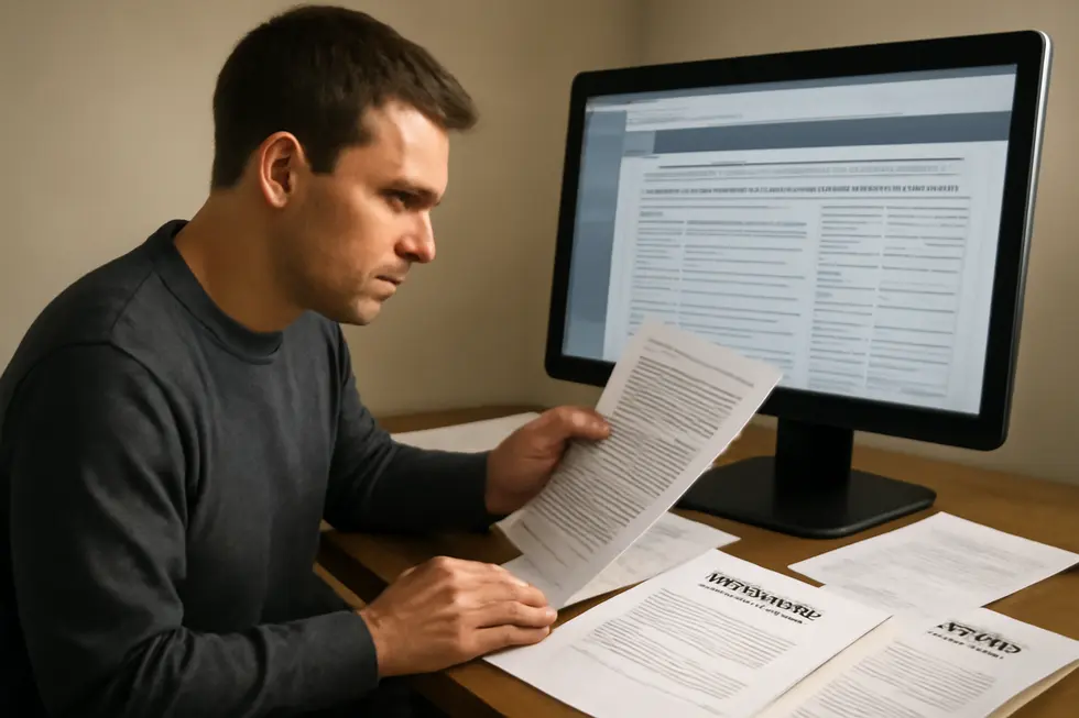 A business owner carefully assessing trademark search results and legal documentation to understand trademark risks.